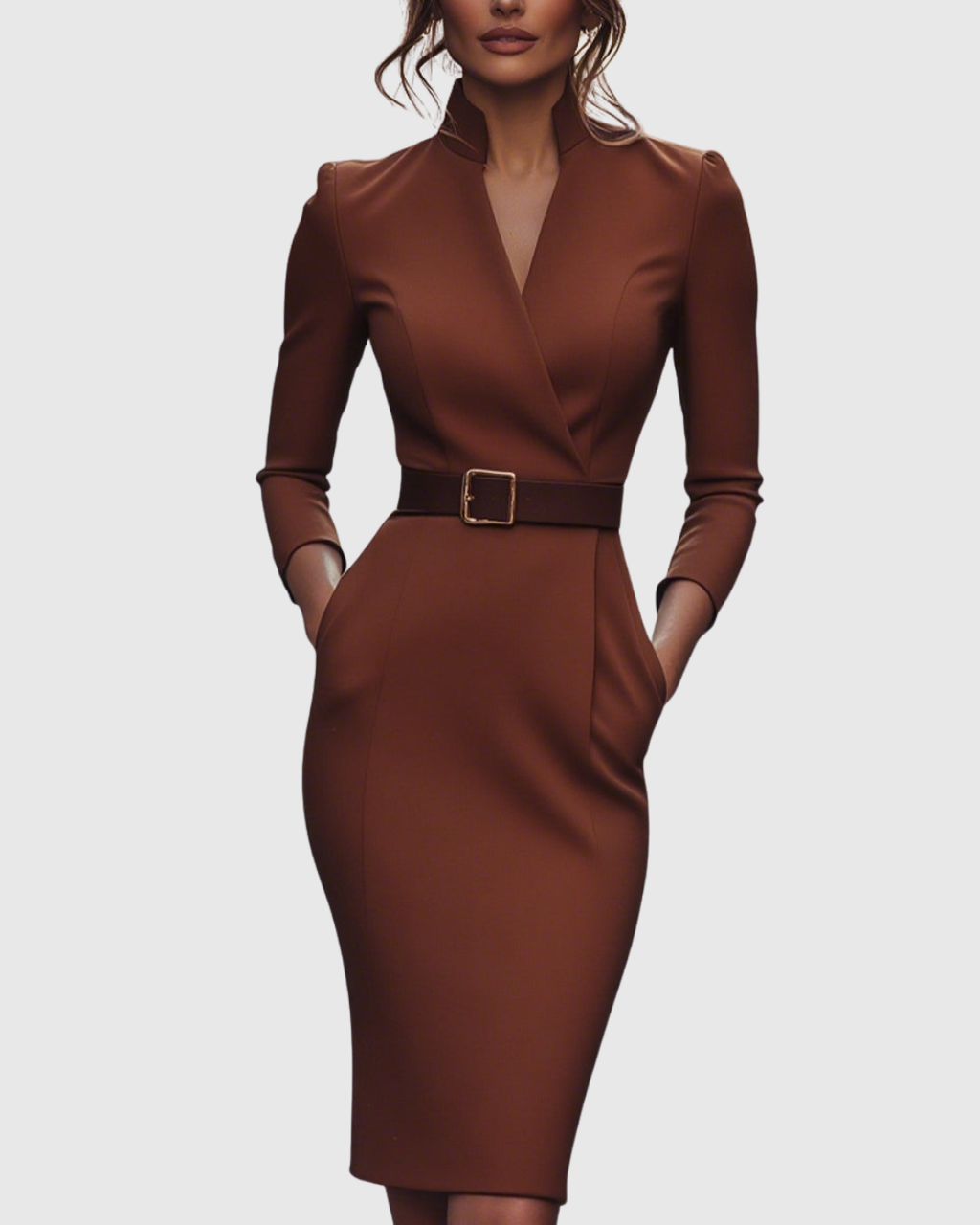 Claribel | Refined Midi Dress Mock Wrap Neckline Belt Accent For Work
