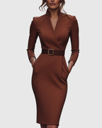 Claribel | Refined Midi Dress Mock Wrap Neckline Belt Accent For Work