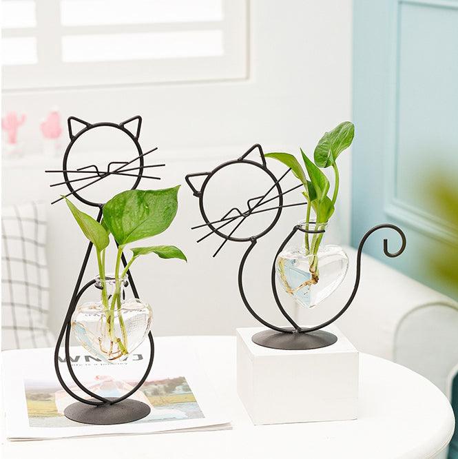 Iron Kitty Cat Propagation Station with Glass Heart Vase 1st Sitting Cat & 1st Playing Cat NaLani