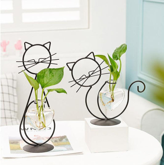 Iron Kitty Cat Propagation Station with Glass Heart Vase 1st Sitting Cat & 1st Playing Cat NaLani