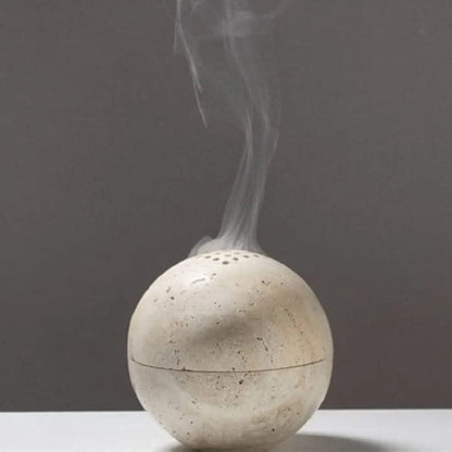 Beige Travertine Incense Burner Hand Carved Nine Holes NALANI