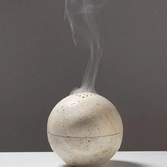 Beige Travertine Incense Burner Hand Carved Nine Holes NALANI