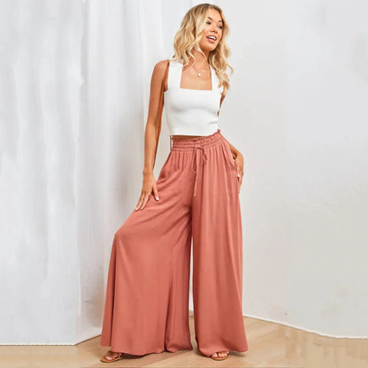 Nalani | Women's Palazzo Trousers - High Waist - Wide Leg - Elastic Drawstring - Full Length