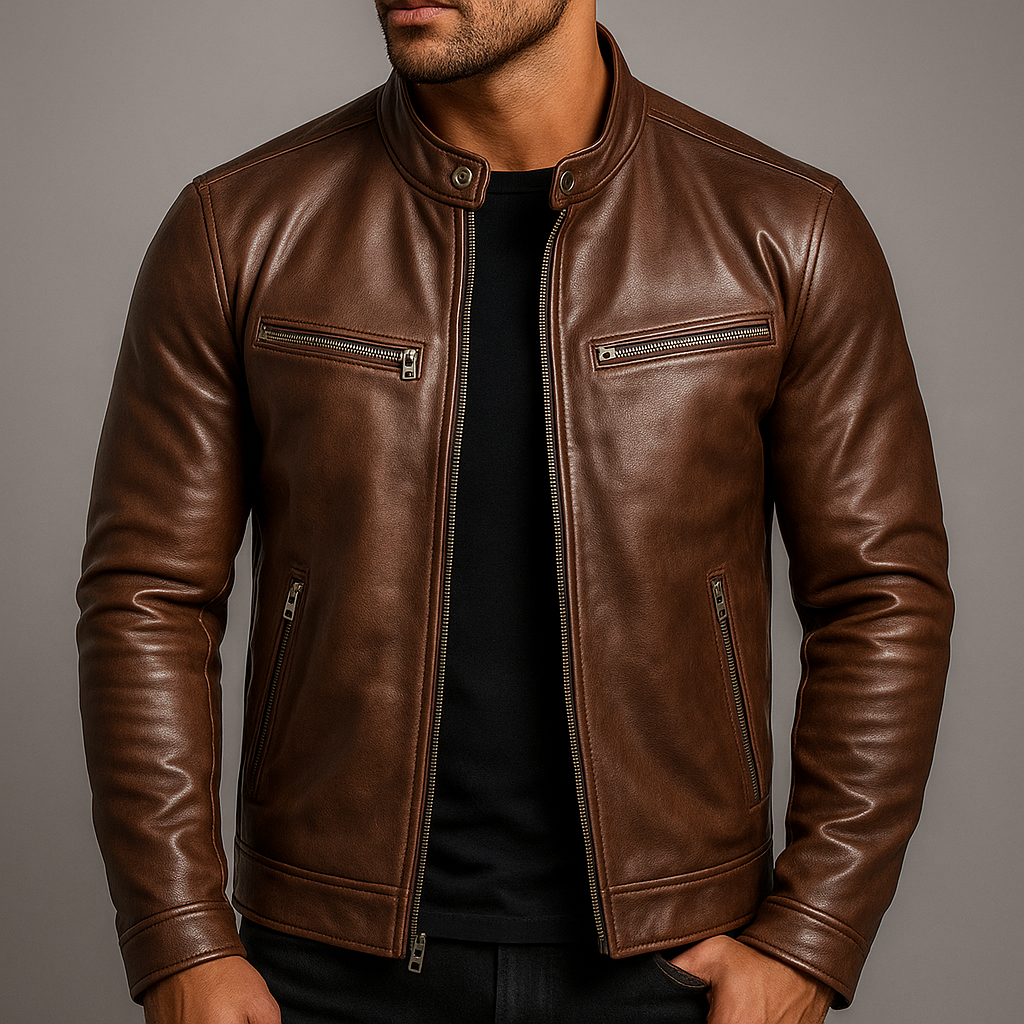 Men's Leather Jacket - Vintage Vegan Leather Zip Jacket with Pockets
