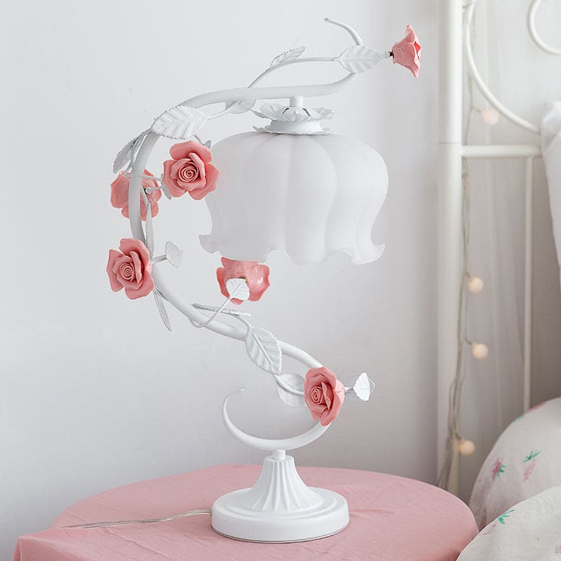 Pastoral Style Table Lamp with Ceramic Rose for Elegant Decor White NALANI