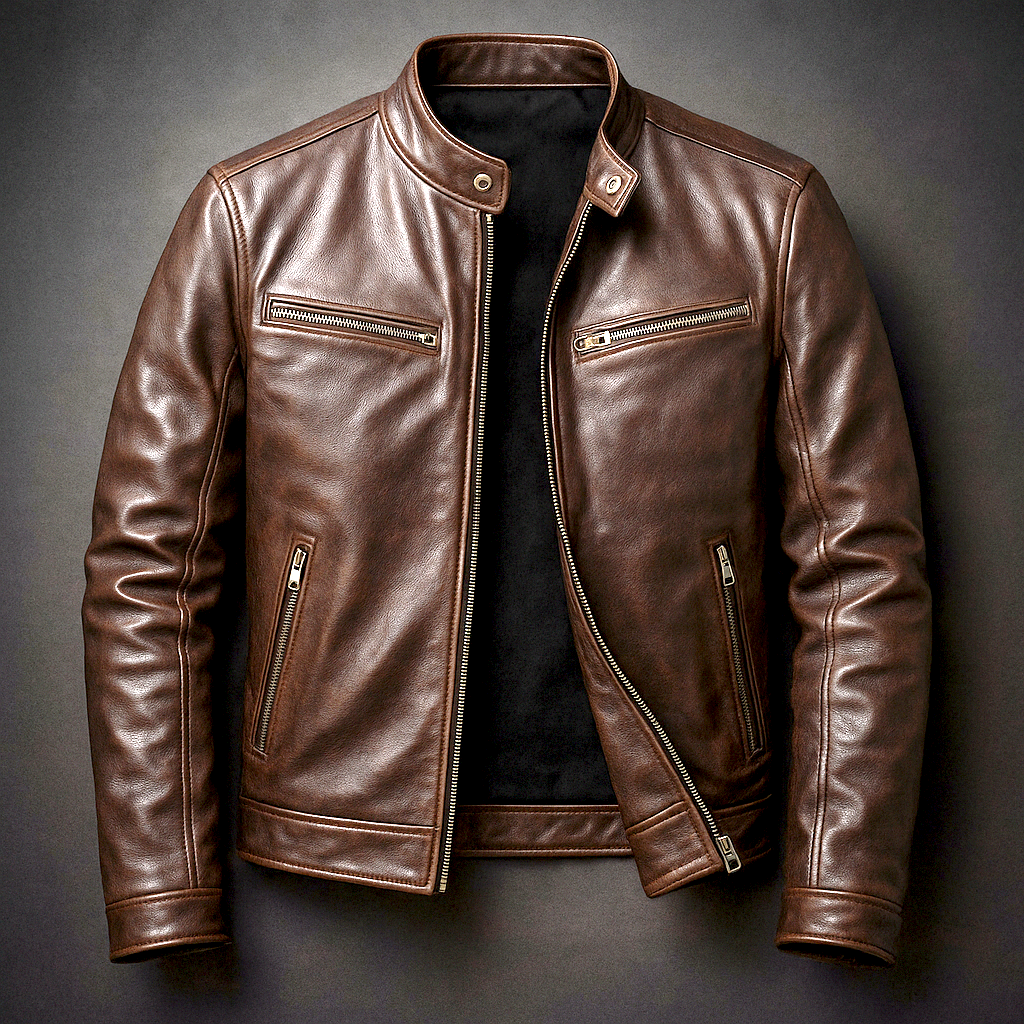 Men's Leather Jacket - Vintage Vegan Leather Zip Jacket with Pockets