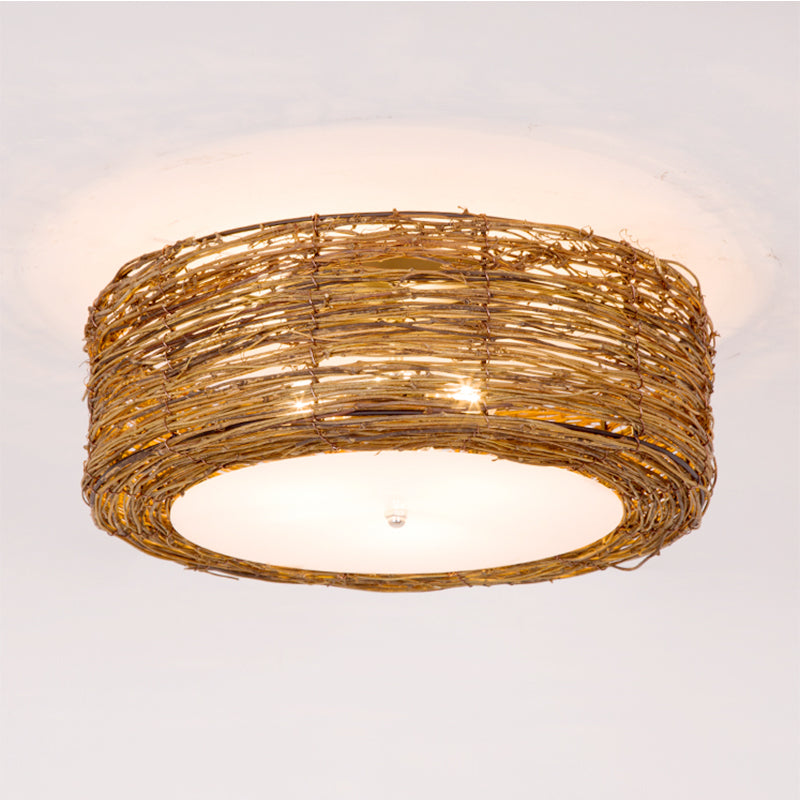 Handwoven Rattan Round Shade Flush Mount Light 3 Lights Brown NALANI