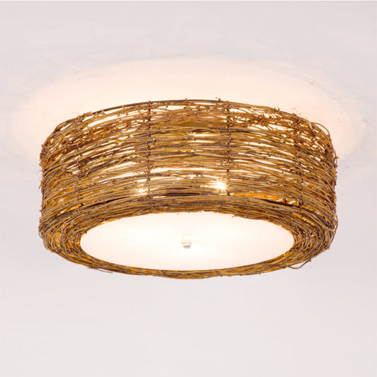 Handwoven Rattan Round Shade Flush Mount Light 3 Lights Brown NALANI