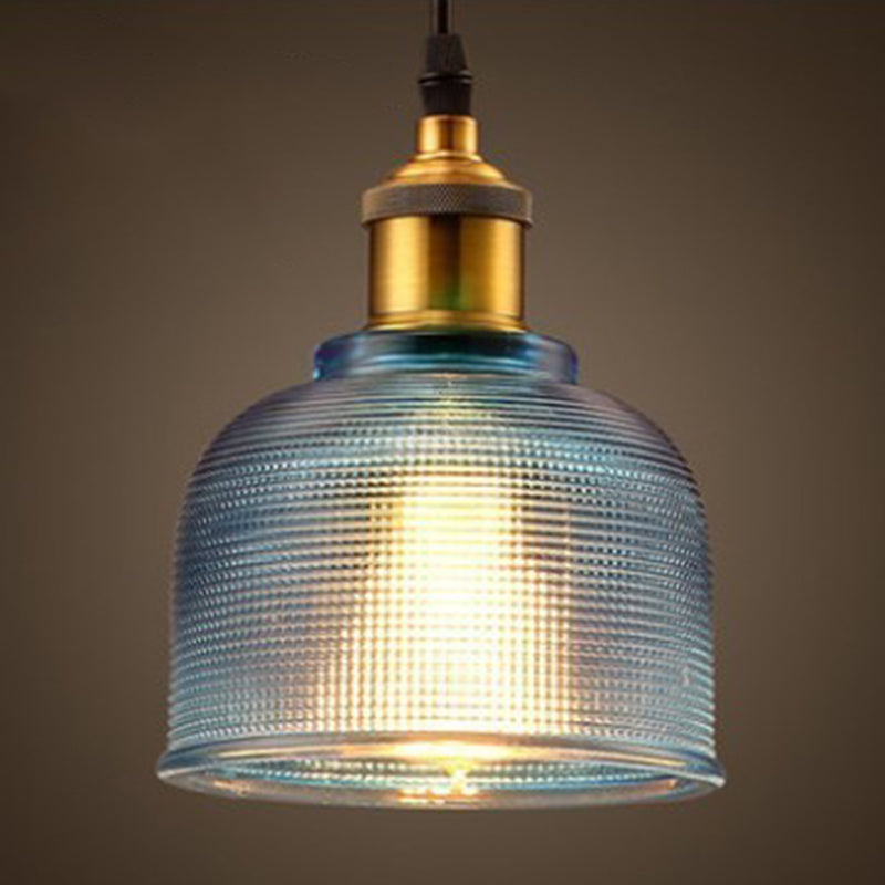 Industrial Ribbed Glass Bell Pendant Light For Dining Room Blue NALANI