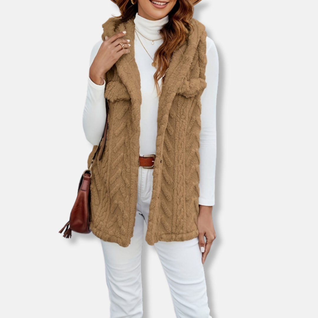 Women Hooded Vest Fuzzy Knit With Button Front And Chest Pockets