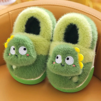 Cute Green Warm Plush Lined Dinosaur Slippers For Kids NALANI