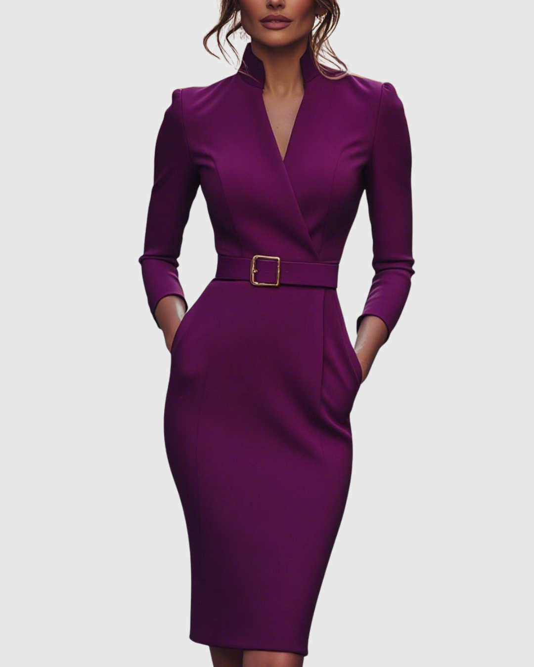 Claribel | Refined Midi Dress Mock Wrap Neckline Belt Accent For Work