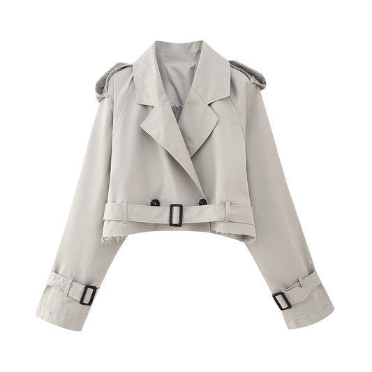 Women’s Short Cropped Trench Coat – Relaxed Fit – Double-Breasted – Belted Cuffs – Boxy Silhouette