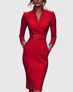 Claribel | Refined Midi Dress Mock Wrap Neckline Belt Accent For Work