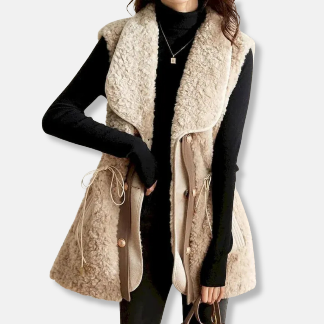 Womens Faux Wool Vest With Shawl Collar Relaxed Fit Hip Length