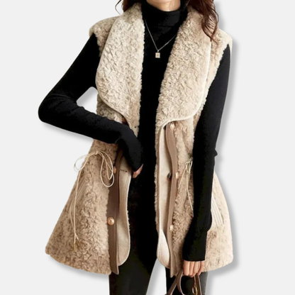 Womens Faux Wool Vest With Shawl Collar Relaxed Fit Hip Length
