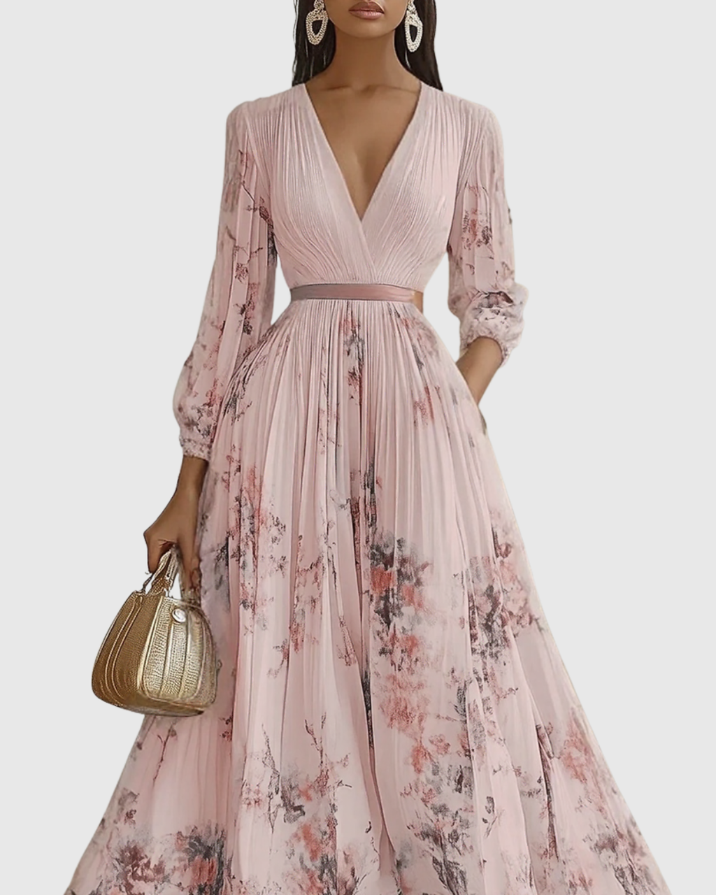 Rowella | Elegante abito lungo plissettato con scollo a V e cintura a nastro in vita