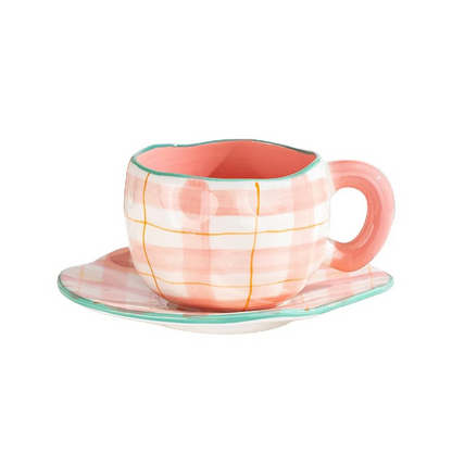 Handmade Mug and Saucer Set with Unique Artistic Designs Pink Tartan NaLani