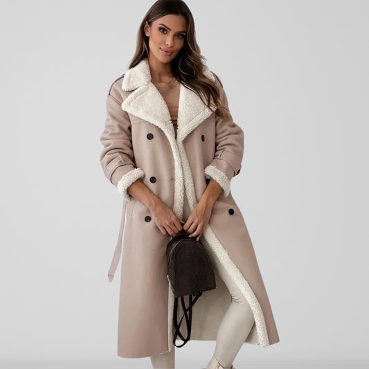 Serado Women’s Full Length Coat – Oversized Fit – Shearling Lined – Double Breasted – Belted