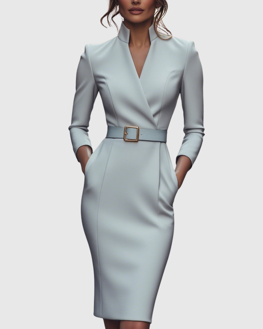 Claribel | Refined Midi Dress Mock Wrap Neckline Belt Accent For Work