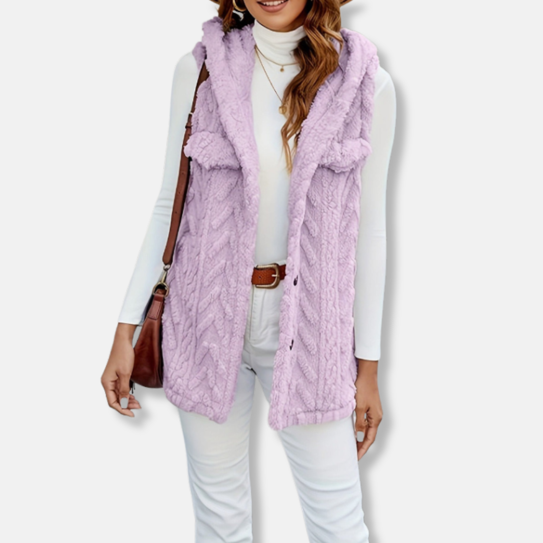 Women Hooded Vest Fuzzy Knit With Button Front And Chest Pockets