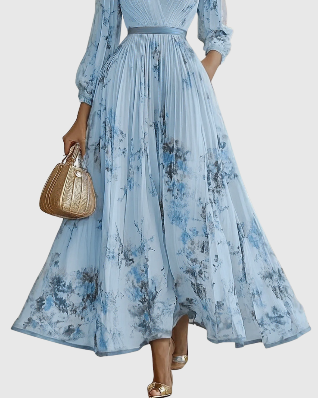 Rowella | Elegante abito lungo plissettato con scollo a V e cintura a nastro in vita