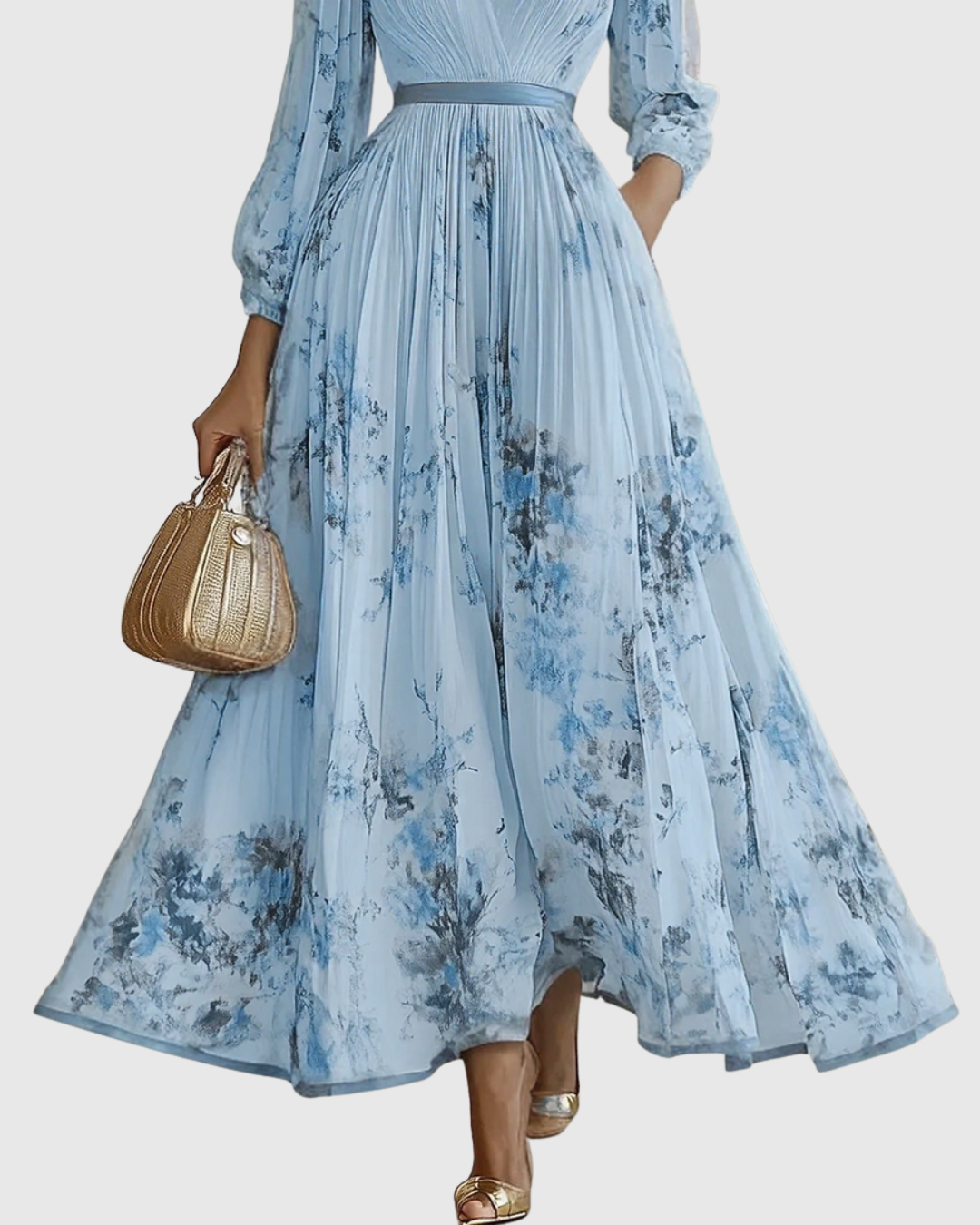 Rowella | Elegante abito lungo plissettato con scollo a V e cintura a nastro in vita