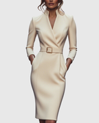 Claribel | Refined Midi Dress Mock Wrap Neckline Belt Accent For Work