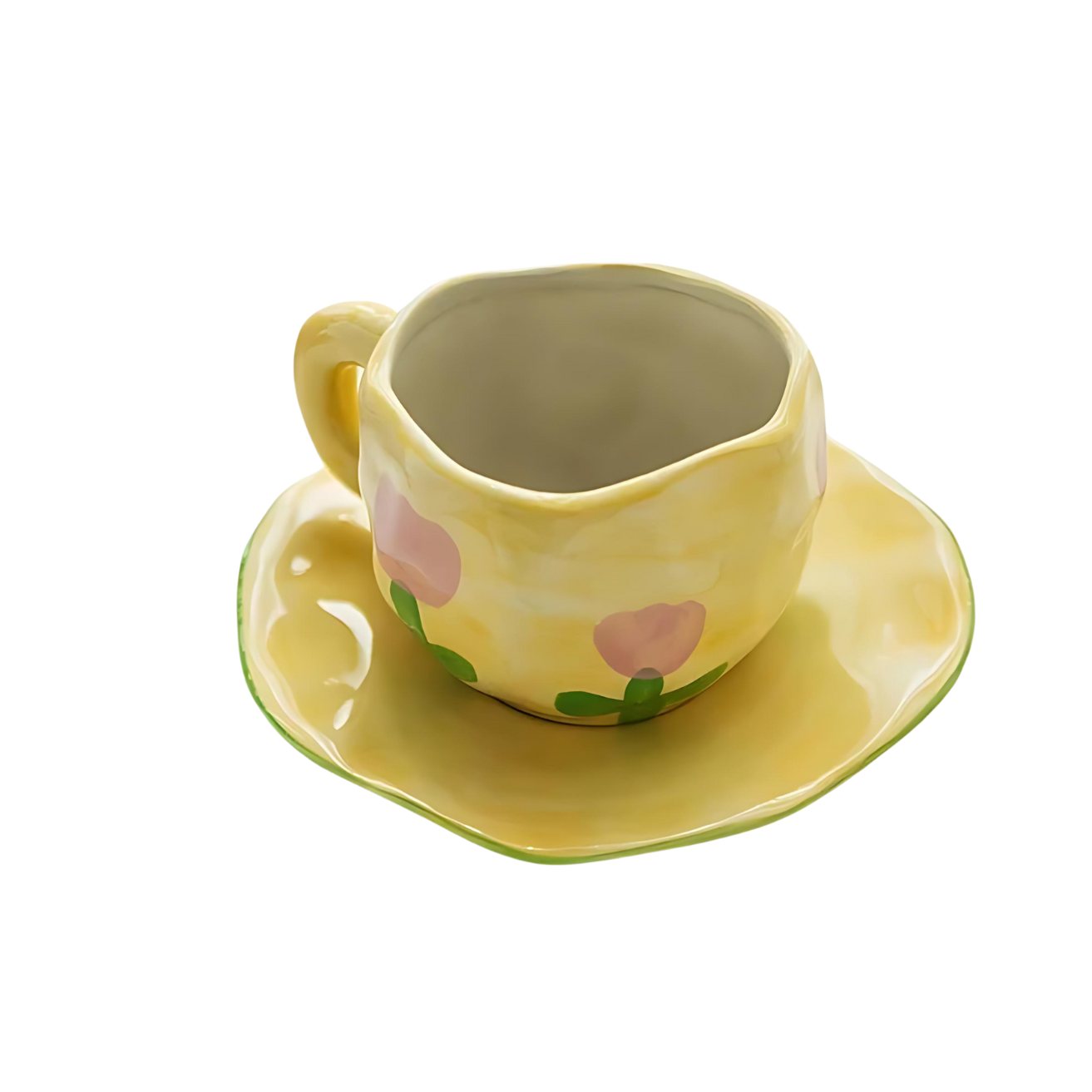 Handmade Mug and Saucer Set with Unique Artistic Designs Yellow Floral NaLani