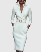 Claribel | Refined Midi Dress Mock Wrap Neckline Belt Accent For Work