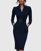 Claribel | Refined Midi Dress Mock Wrap Neckline Belt Accent For Work