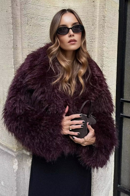 Bordeaux Shaggy Faux Fur Coat Luxury Warm Winter Jacket NALANI
