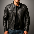 Men's Leather Jacket - Vintage Vegan Leather Zip Jacket with Pockets