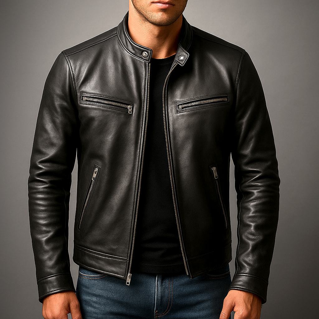 Men's Leather Jacket - Vintage Vegan Leather Zip Jacket with Pockets