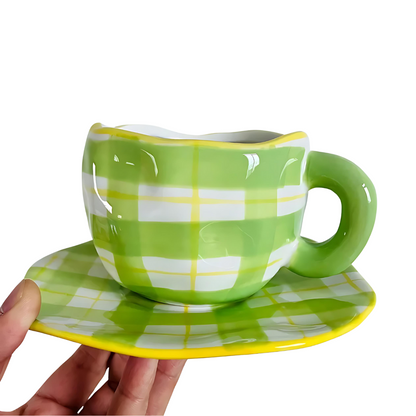 Handmade Mug and Saucer Set with Unique Artistic Designs Green Tartan NaLani
