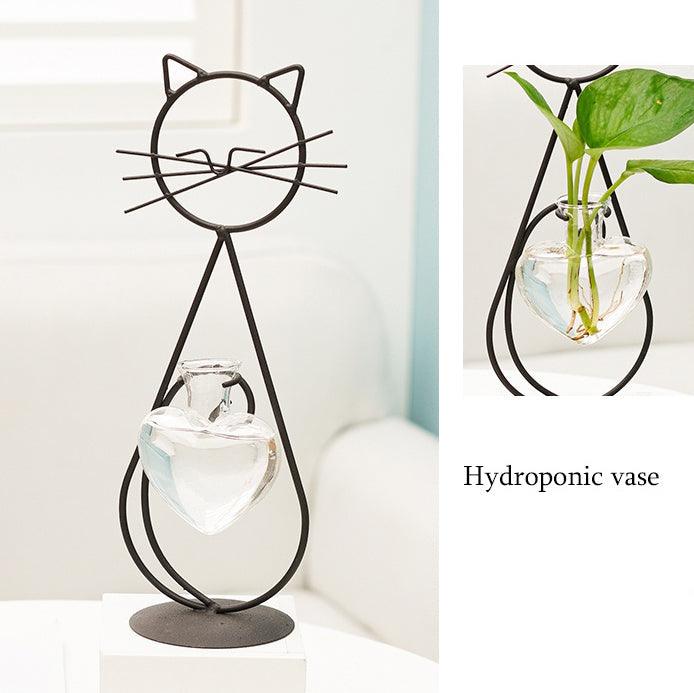 Iron Kitty Cat Propagation Station with Glass Heart Vase NaLani
