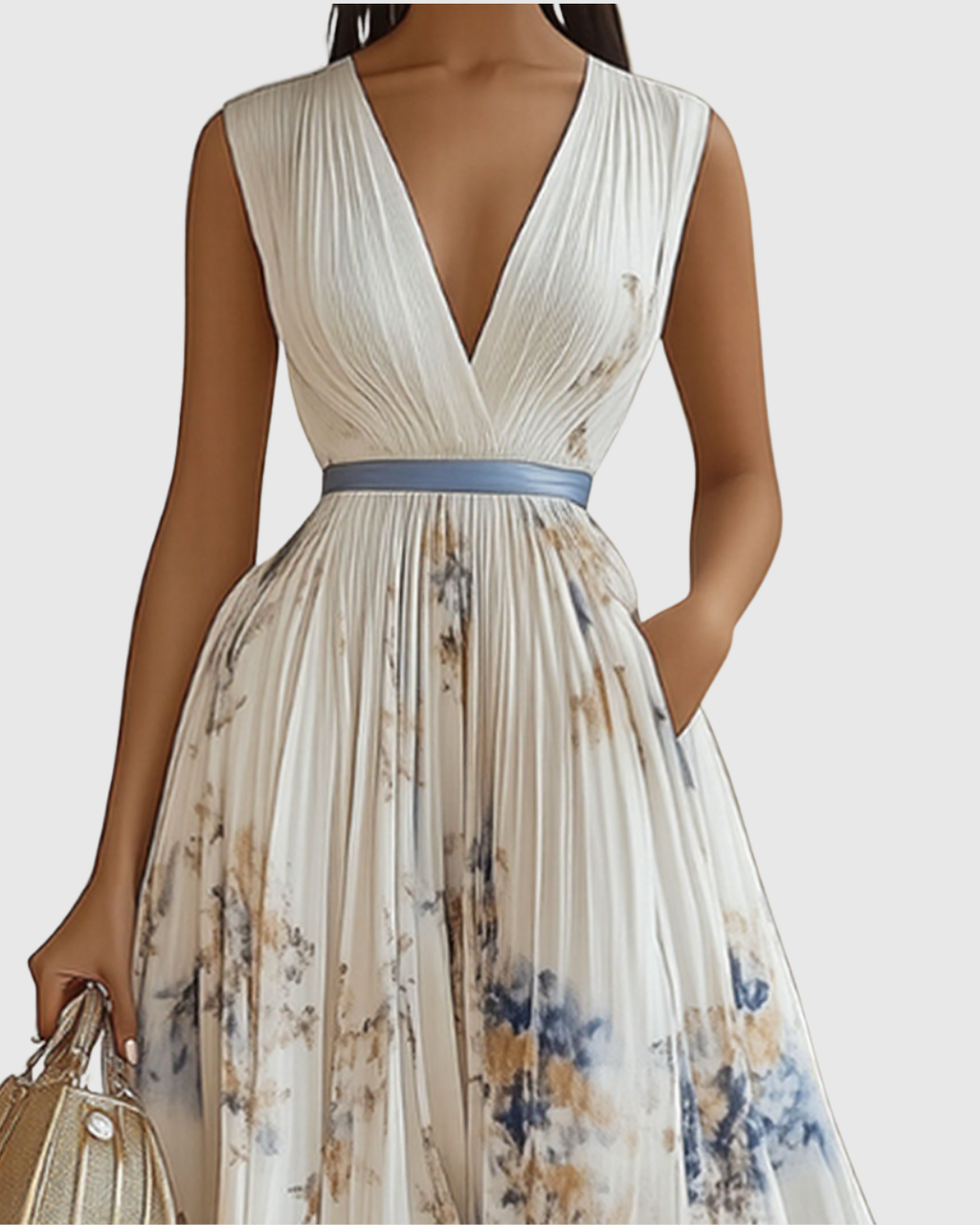 Rowella | Elegante abito lungo plissettato con scollo a V e cintura a nastro in vita