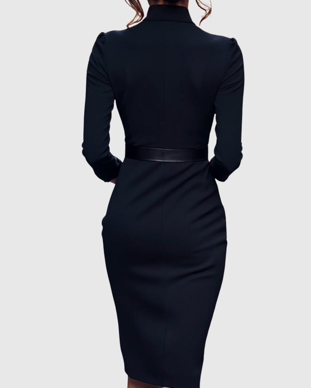 Claribel | Refined Midi Dress Mock Wrap Neckline Belt Accent For Work