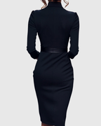 Claribel | Refined Midi Dress Mock Wrap Neckline Belt Accent For Work