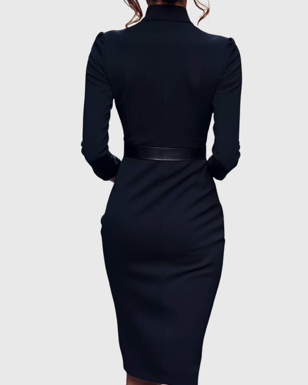 Claribel | Refined Midi Dress Mock Wrap Neckline Belt Accent For Work