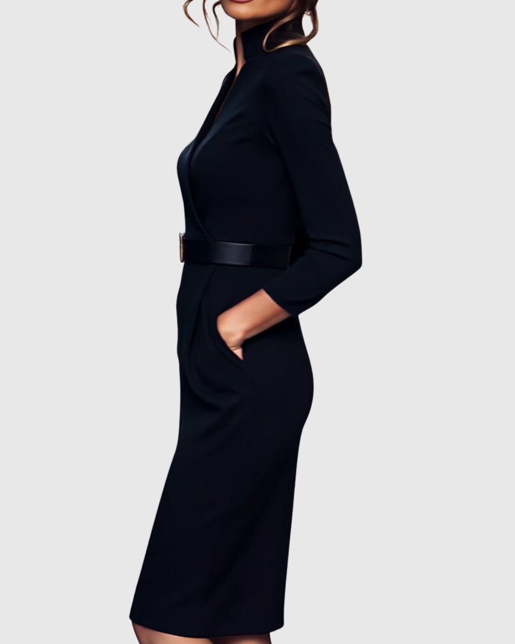 Claribel | Refined Midi Dress Mock Wrap Neckline Belt Accent For Work