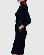 Claribel | Refined Midi Dress Mock Wrap Neckline Belt Accent For Work
