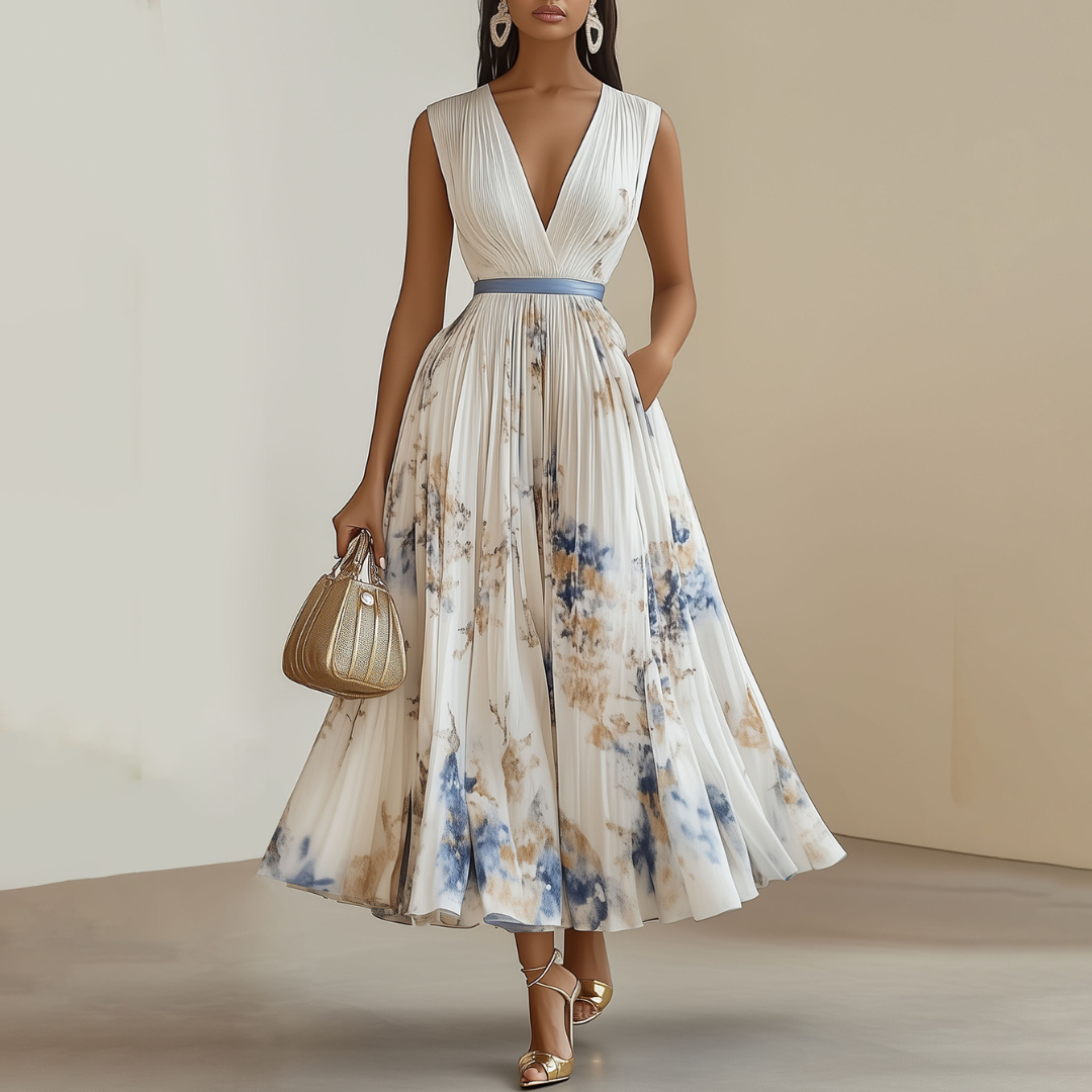 Floral Ceremony Dress Blue White Plisse Elegance Chic