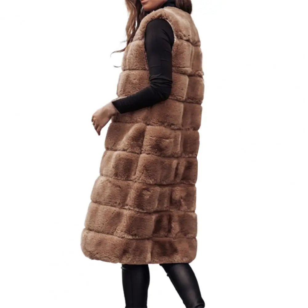 Women's Faux Fur Vest - Long Sleeveless - Open Front Lightweight Layer