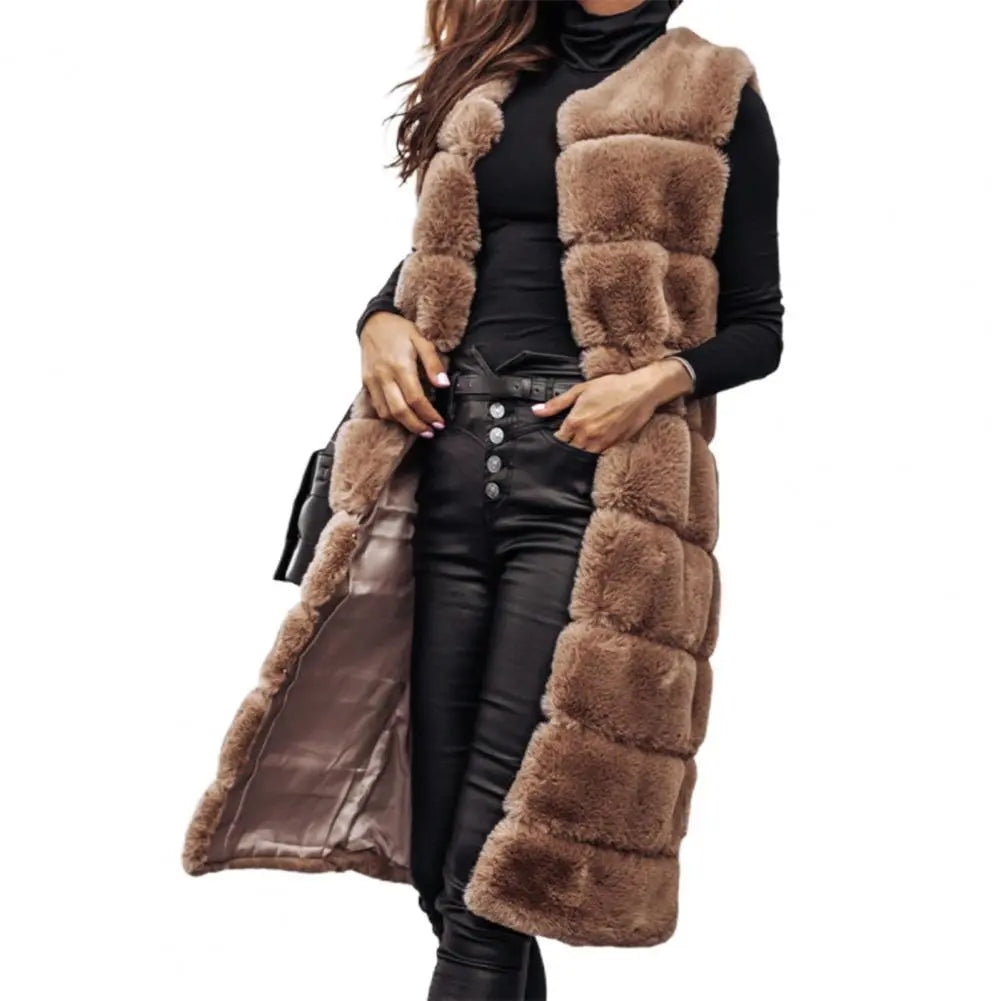 Women's Faux Fur Vest - Long Sleeveless - Open Front Lightweight Layer
