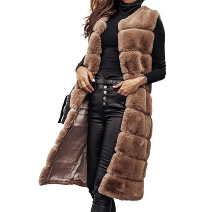Women's Faux Fur Vest - Long Sleeveless - Open Front Lightweight Layer