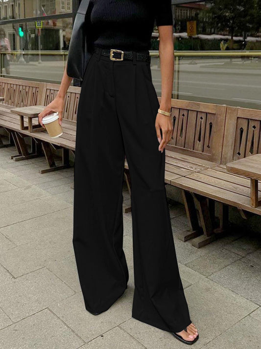Caleni | Women’s Wide-Leg Trousers - High Waisted - Pleated Front - Tailored Fit Elegant Style
