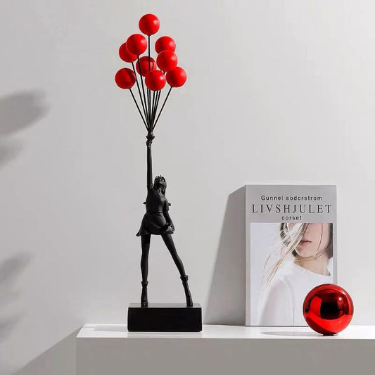 Resin Balloon Girl Sculpture Expressing Innocence And Hope Red Black NALANI