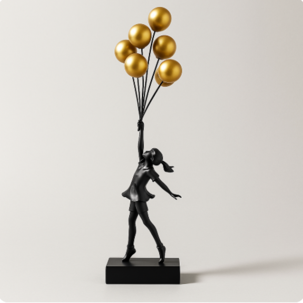 Resin Balloon Girl Sculpture Expressing Innocence And Hope Gold Black NALANI