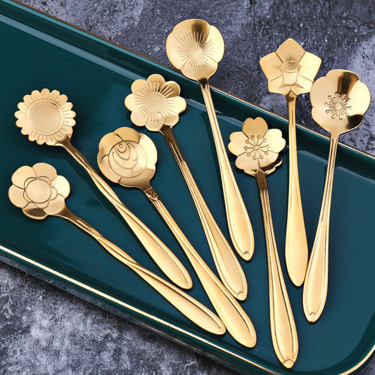 Floral Teaspoon Set Stainless Steel With Flower Design Gold 8 pieces NALANI